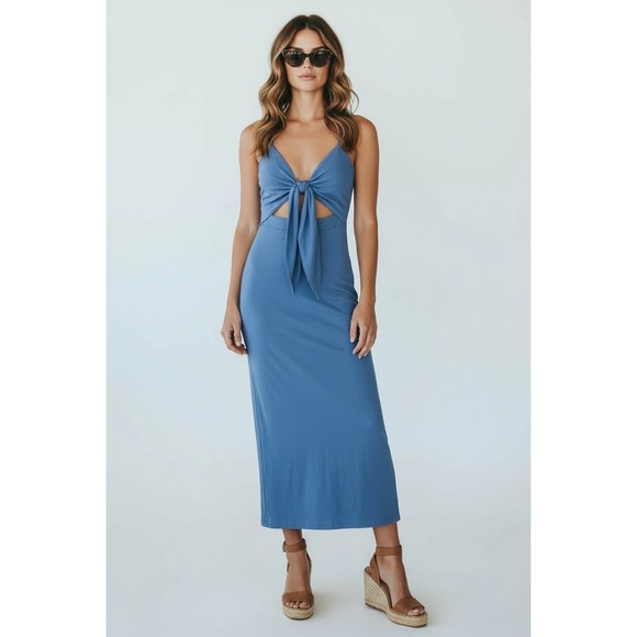 Amazon Dresses & Skirts - NEW Blue Size Small Tie Front Cutout Bodycon Maxi Dress Slit Spaghetti Strap